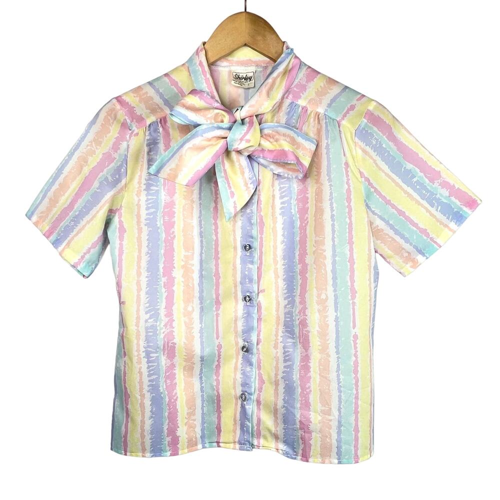 Vintage 80s Shirley of Atlanta Pastel Stripe Bow Neck Blouse Small